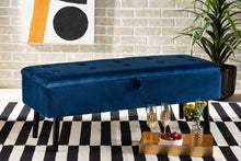 Load image into Gallery viewer, Baxton Studio Caine Modern and Contemporary Navy Blue Velvet Fabric Upholstered and Dark Brown Finished Wood Storage Bench
