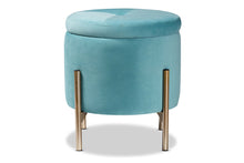 Load image into Gallery viewer, Baxton Studio Malina Contemporary Glam and Luxe Sky Blue Velvet Fabric Upholstered and Gold Finished Metal Storage Ottoman
