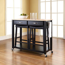Load image into Gallery viewer, Wood Top Kitchen Prep Cart W/Uph Saddle Stools Black/Natural - Kitchen Island &amp; 2 Counter Stools
