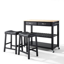 Load image into Gallery viewer, Wood Top Kitchen Prep Cart W/Uph Saddle Stools Black/Natural - Kitchen Island &amp; 2 Counter Stools
