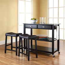 Load image into Gallery viewer, Granite Top Kitchen Prep Cart W/Uph Saddle Stools Black/Black - Kitchen Island &amp; 2 Counter Stools
