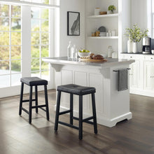 Load image into Gallery viewer, Julia Stainless Steel Top Island W/Uph Saddle Stools White/Black - Kitchen Island, 2 Counter Height Bar Stools
