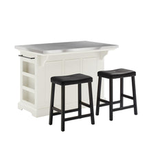 Load image into Gallery viewer, Julia Stainless Steel Top Island W/Uph Saddle Stools White/Black - Kitchen Island, 2 Counter Height Bar Stools
