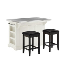 Load image into Gallery viewer, Julia Stainless Steel Top Island W/Uph Square Stools White/Black - Kitchen Island, 2 Counter Height Bar Stools
