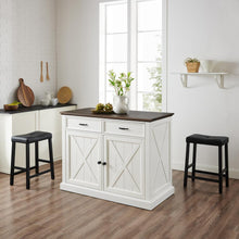 Load image into Gallery viewer, Clifton Kitchen Island W/Uph Saddle Stools Distressed White/Black - Kitchen Island &amp; 2 Stools
