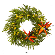 Load image into Gallery viewer, 24" Mixed Fern, Forsythia and Bird of Paradise Artificial Wreath

