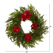 Load image into Gallery viewer, 24" Mixed Fern and Hibiscus Artificial Wreath
