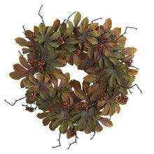 Load image into Gallery viewer, 24" Fatsia with Berries Autumn Artificial Wreath
