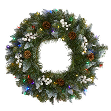 Load image into Gallery viewer, 24" Snow Tipped Artificial Christmas Wreath with 50 Multicolored LED Lights
