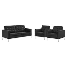 Load image into Gallery viewer, A three piece tufted upholstered faux leather set consisting of a loveseat and two armchairs with stainless steel legs, in a silver black color.
