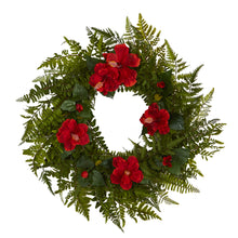 Load image into Gallery viewer, 24" Mixed Fern and Hibiscus Artificial Wreath
