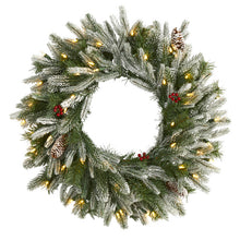 Load image into Gallery viewer, 24" Snowed Artificial Christmas Wreath w/50 Warm White LED Lights and Pine Cone
