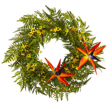 Load image into Gallery viewer, 24" Mixed Fern, Forsythia and Bird of Paradise Artificial Wreath
