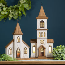 Load image into Gallery viewer, Lighted Natural Wooden Church Display with Rustic Metal Accents 17.5"H
