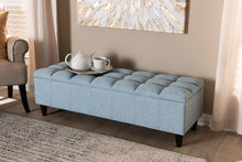 Load image into Gallery viewer, Baxton Studio Brette Mid-Century Modern Light Blue Fabric Upholstered Dark Brown Finished Wood Storage Bench Ottoman
