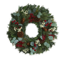 Load image into Gallery viewer, 24" Eucalyptus and Pine Artificial Wreath with Berries and Pine Cones
