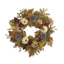 Load image into Gallery viewer, 24" Fall Pumpkins, Pine Cones and Berries Artificial Wreath

