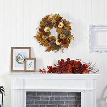 Load image into Gallery viewer, 24" Fall Pumpkins, Pine Cones and Berries Artificial Wreath

