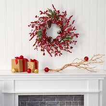 Load image into Gallery viewer, 24" Frosted Cypress Artificial Wreath with 
Berries and Pine Cones
