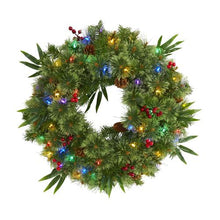 Load image into Gallery viewer, 24" Mixed Pine Artificial Christmas Wreath with 50 Multicolored LED Lights, Berries and Pine Cones
