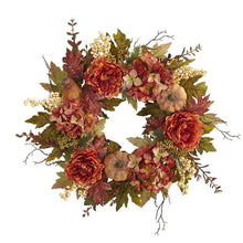 Load image into Gallery viewer, 24" Peony, Hydrangea and Pumpkin Fall Artificial Wreath
