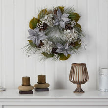 Load image into Gallery viewer, 24" Silver Poinsettia, Hydrangea and Pinecones Artificial Christmas Wreath
