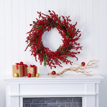 Load image into Gallery viewer, 34" Cypress Artificial Wreath with Berries and Pine Cones
