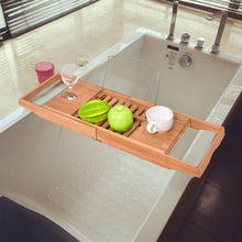 Load image into Gallery viewer, Adjustable Perforated Bamboo Bathtub Tray with Book Holder
