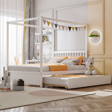 Load image into Gallery viewer, Full Size Canopy Bed with Trundle Wooden Platform Bed Frame Headboard-White
