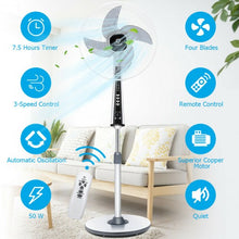 Load image into Gallery viewer, 15" 4 Blades 3-Speed Height Adjustable Remote Control Pedestal Fan
