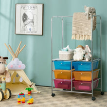 Load image into Gallery viewer, 6 Drawer Rolling Storage Cart with Hanging Bar -Multicolor
