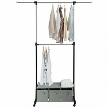Load image into Gallery viewer, 2-Rod Adjustable Garment Rack with Shelf &amp; Storage Boxes
