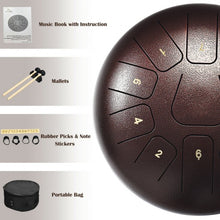 Load image into Gallery viewer, 10" High Carbon 11 Notes Steel Tongue Drum with Drum Hammer-Coffee
