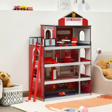 Load image into Gallery viewer, Wooden Fire Station Dollhouse Playset with Truck and Helicopter
