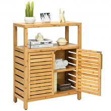 Load image into Gallery viewer, 2-door Bamboo Floor Cabinet Storage Organizer with Open Shelf Adjustable Shelf
