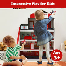 Load image into Gallery viewer, Wooden Fire Station Dollhouse Playset with Truck and Helicopter
