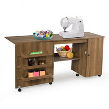Load image into Gallery viewer, Folding Sewing Table Shelves Storage Cabinet Craft Cart with Wheels-Natural
