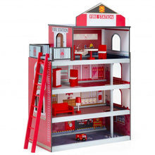 Load image into Gallery viewer, Wooden Fire Station Dollhouse Playset with Truck and Helicopter
