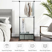 Load image into Gallery viewer, 2-Rod Adjustable Garment Rack with Shelf &amp; Storage Boxes

