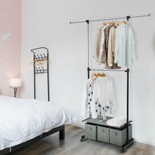 Load image into Gallery viewer, 2-Rod Adjustable Garment Rack with Shelf &amp; Storage Boxes
