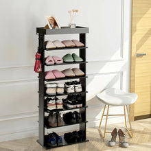 Load image into Gallery viewer, 7-Tier Vertical Design Wooden Shoe Storage Shelf with Hooks-Black
