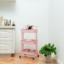 Load image into Gallery viewer, 3-Tier Metal Rolling Storage Cart Trolley 2 Brakes with Handle-Pink
