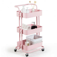 Load image into Gallery viewer, 3-Tier Metal Rolling Storage Cart Trolley 2 Brakes with Handle-Pink
