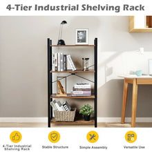 Load image into Gallery viewer, 4-Tier Rustic Bookshelf Industrial Bookcase Diaplay Shelf Storage Rack -Brown
