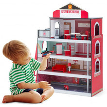 Load image into Gallery viewer, Wooden Fire Station Dollhouse Playset with Truck and Helicopter
