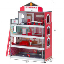 Load image into Gallery viewer, Wooden Fire Station Dollhouse Playset with Truck and Helicopter

