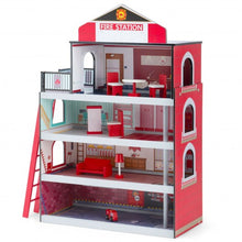 Load image into Gallery viewer, Wooden Fire Station Dollhouse Playset with Truck and Helicopter
