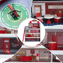 Load image into Gallery viewer, Wooden Fire Station Dollhouse Playset with Truck and Helicopter
